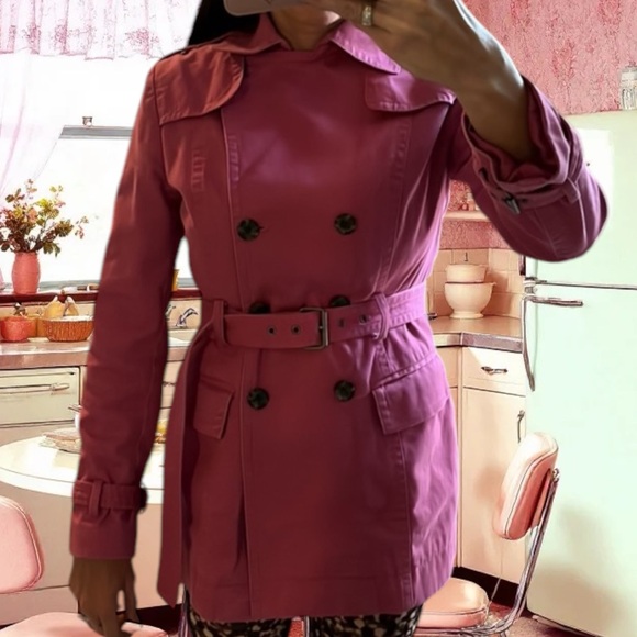 Super Cute & Unique Express Canvas Cotton Pink Trench Coat Jacket W/ Belt small - Picture 2 of 15